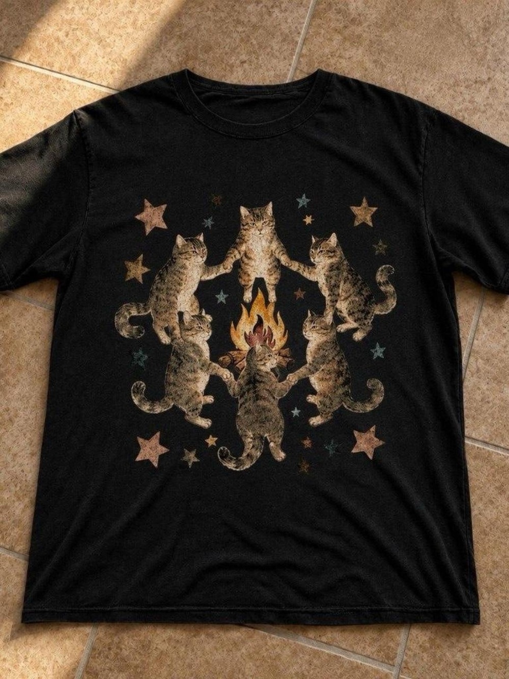 Gildan Black Tee with Cats Around Campfire Graphic